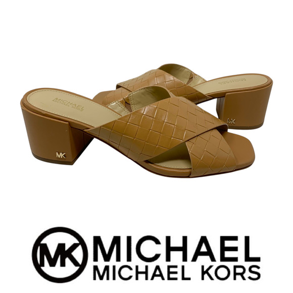 NEW Michael Kors Colleen Woven Camel Slide Heeled Mules Sandals Sz 7.5 NWOB - Picture 1 of 11